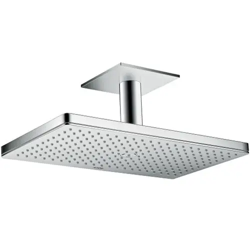 Kopfbrause mit quadratischem Kopf und Deckenanschluss aus Edelstahl. Das Produkt stammt von der Marke AXOR und hat eine minimalistische Designästhetik.